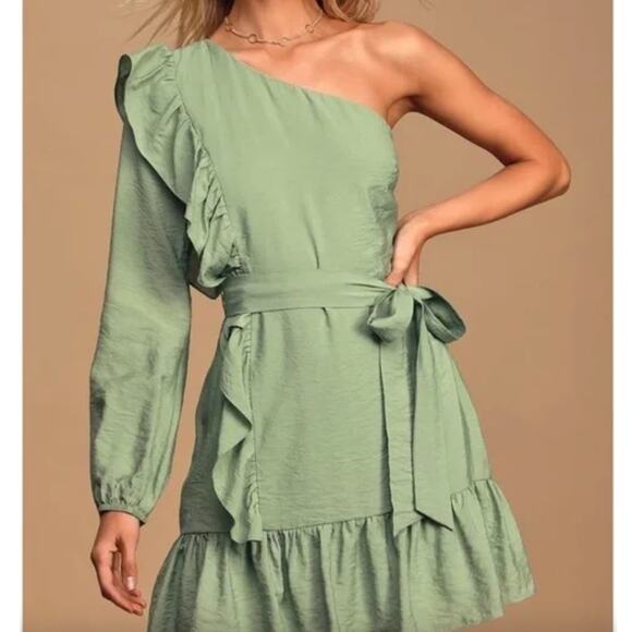 Lulus Muted Mint Green One Shoulder Ruffle Belted Party Dress Size S - Picture 12 of 13